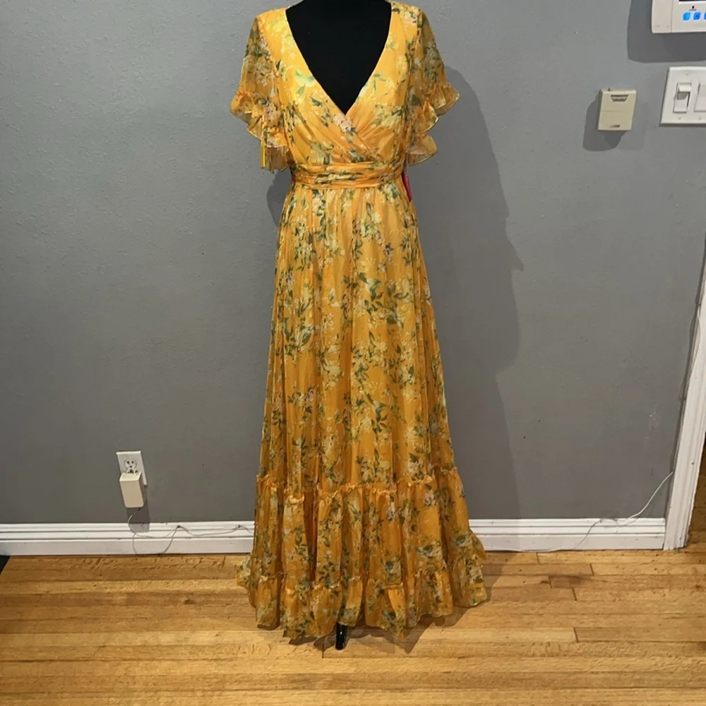 Mac Duggal Yellow Multicolor Flounce Sleeve Floral Maxi Dress NWT